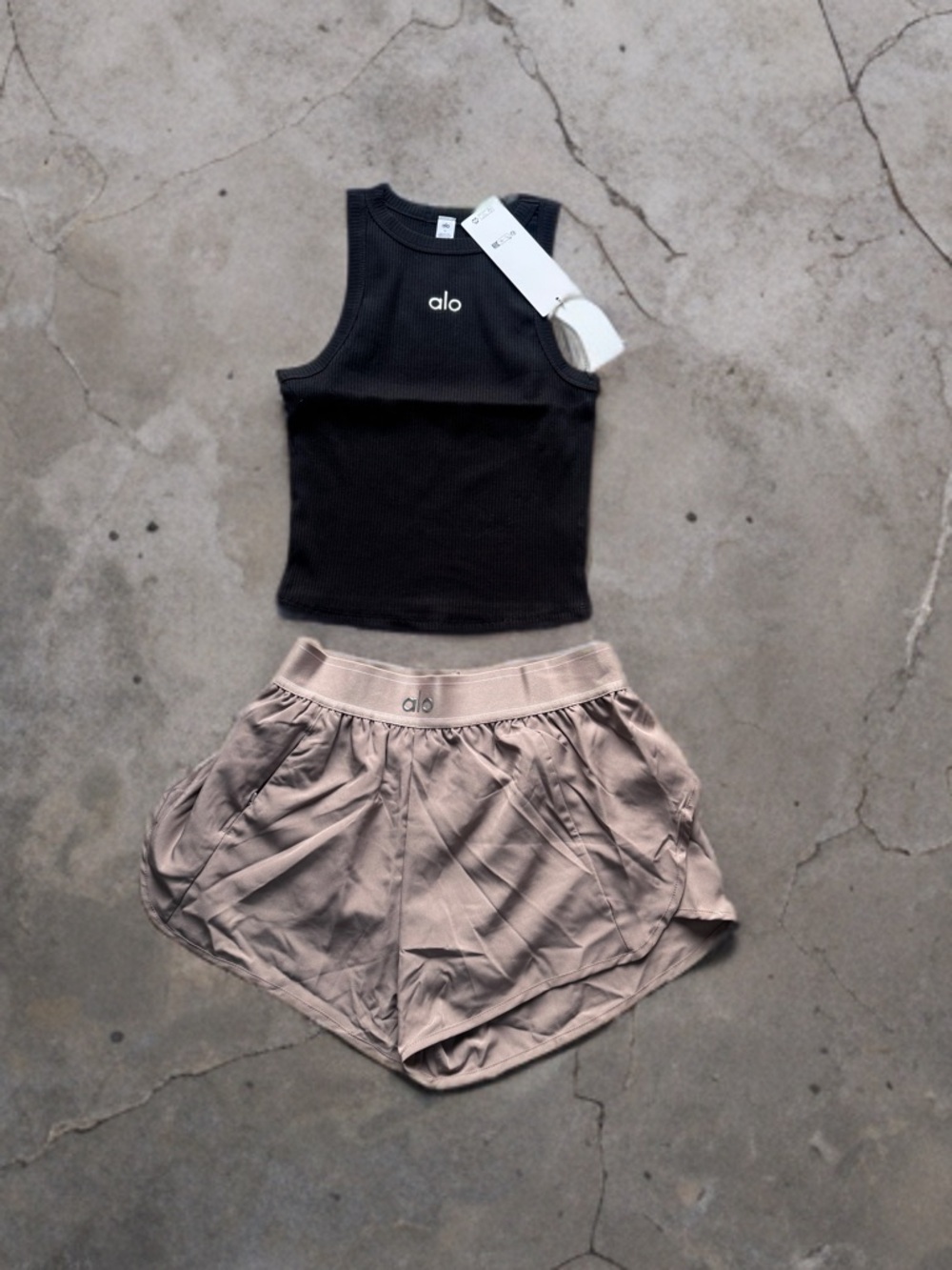 Black Ribbed Tank & Taupe Athletic Shorts Set